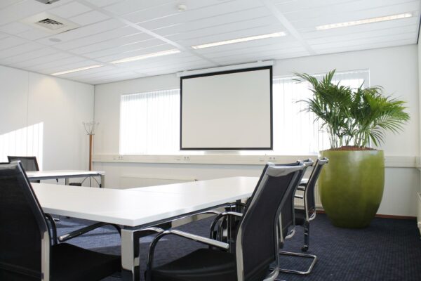 Vergaderruimte aan de Laan van ’s-Gravenmade met witte tafels, zwarte stoelen, een groot projectiescherm en een grote groene kamerplant.